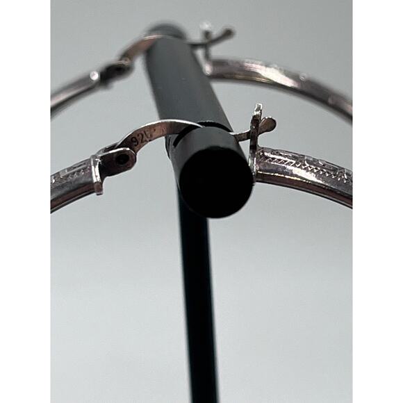 Sterling Silver 925 Stamped Large Greek Pattern 2.25” Hoop Pierced Earrings - Picture 6 of 8